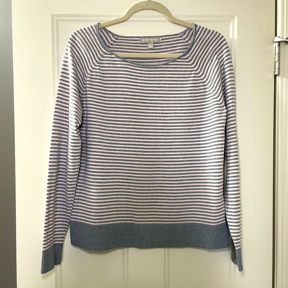 Banana Republic sweater, lightweight, pink and grey stripe size small
